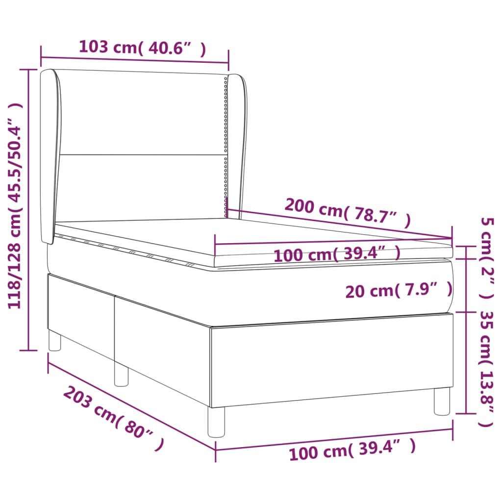 Lit sommier tapissier avec matelas tissu gris foncé 100x200 cm