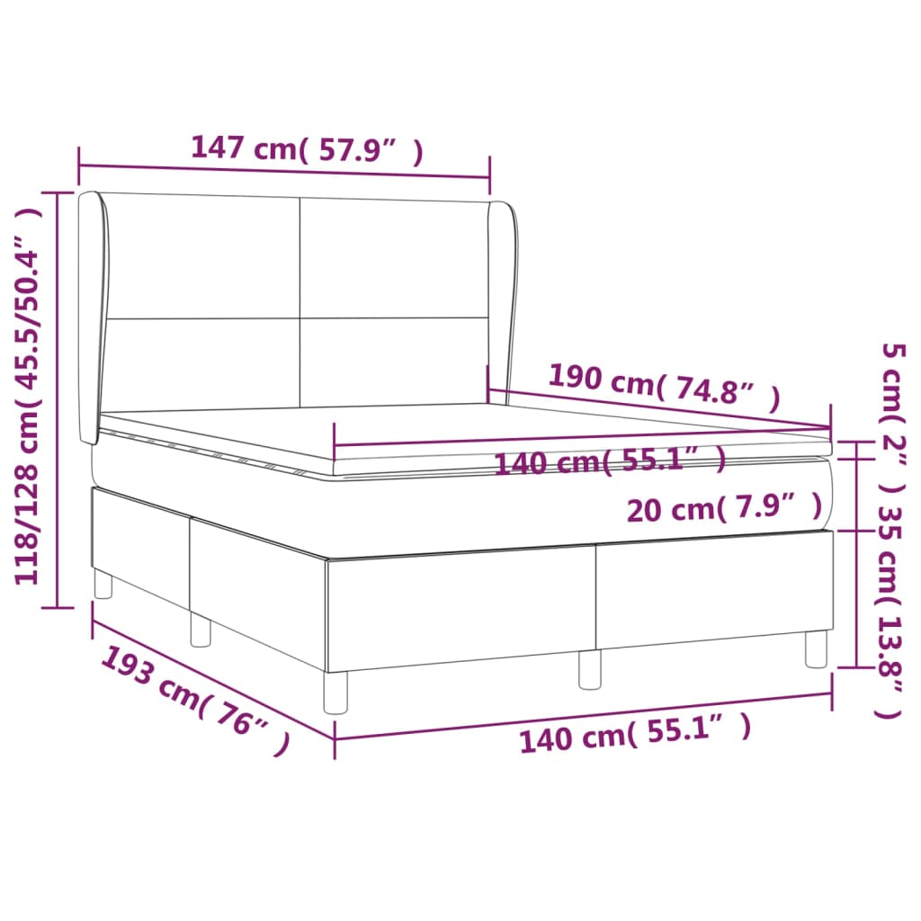 Lit à sommier tapissier avec matelas en tissu noir 140x190 cm