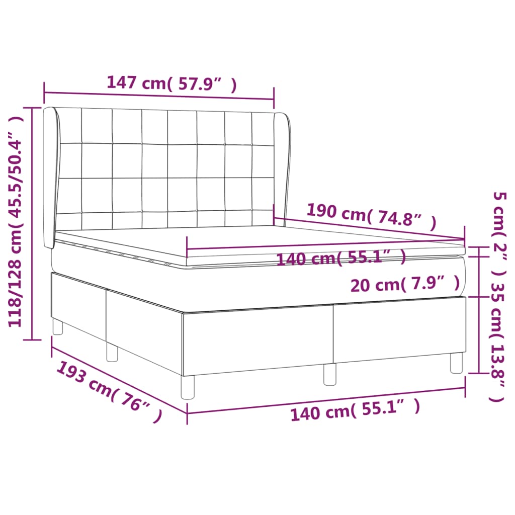 Lit à sommier tapissier avec matelas en tissu noir 140x190 cm