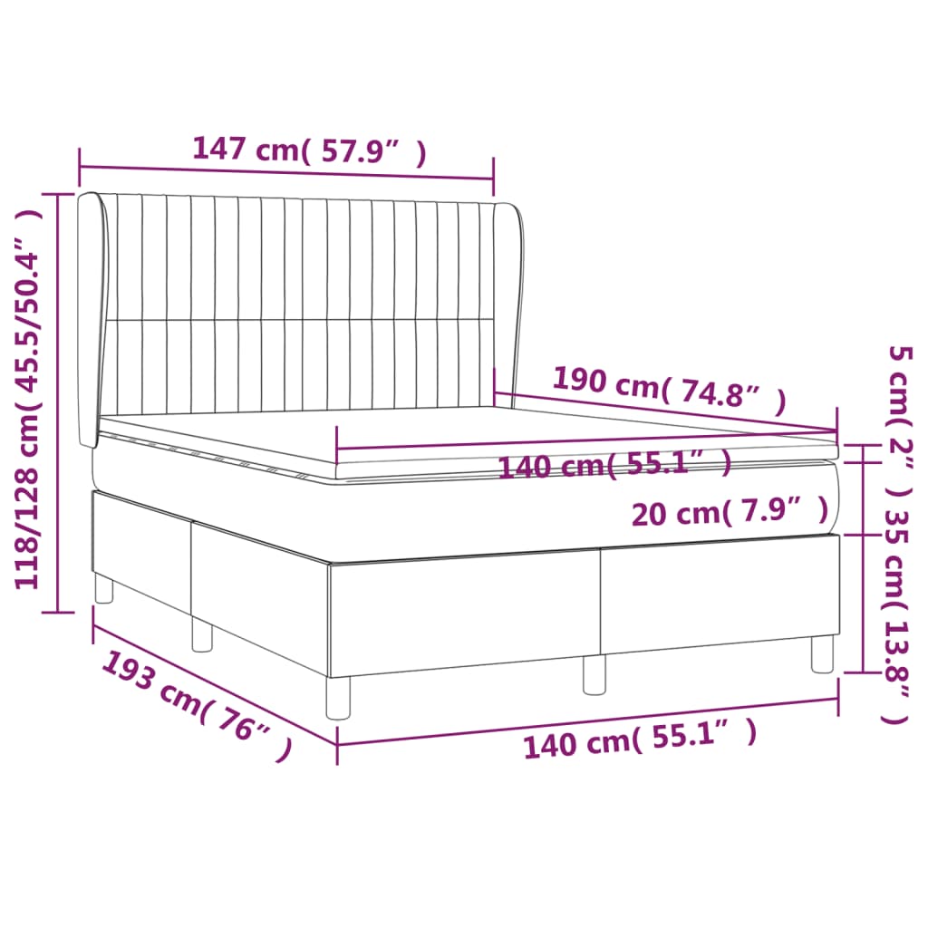 Lit à sommier tapissier avec matelas en tissu noir 140x190 cm