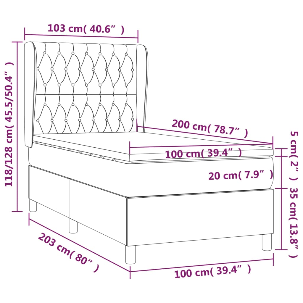 Sommier tapissier avec matelas gris foncé 100x200 cm velours