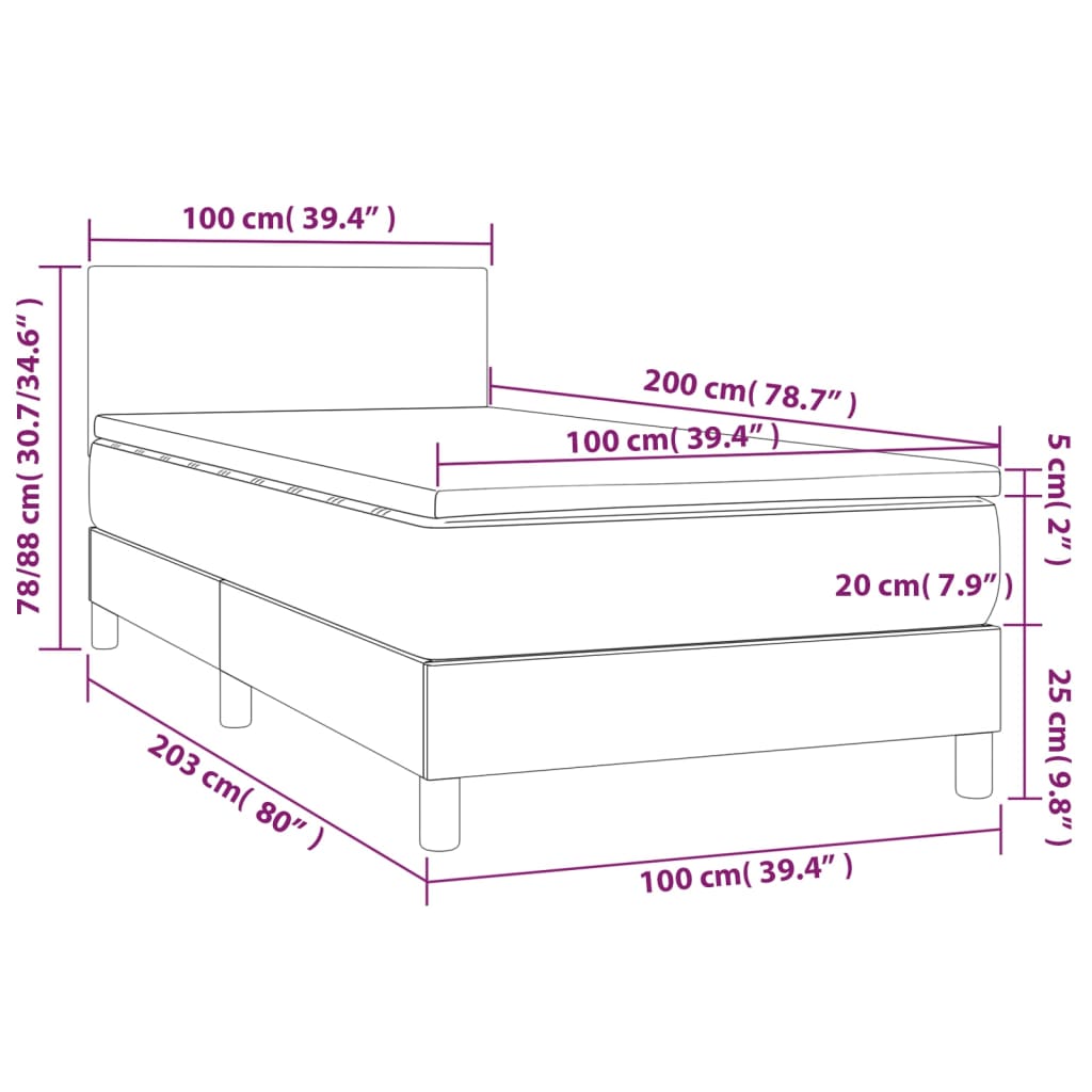Lit sommier tapissier avec matelas tissu gris foncé 100x200 cm