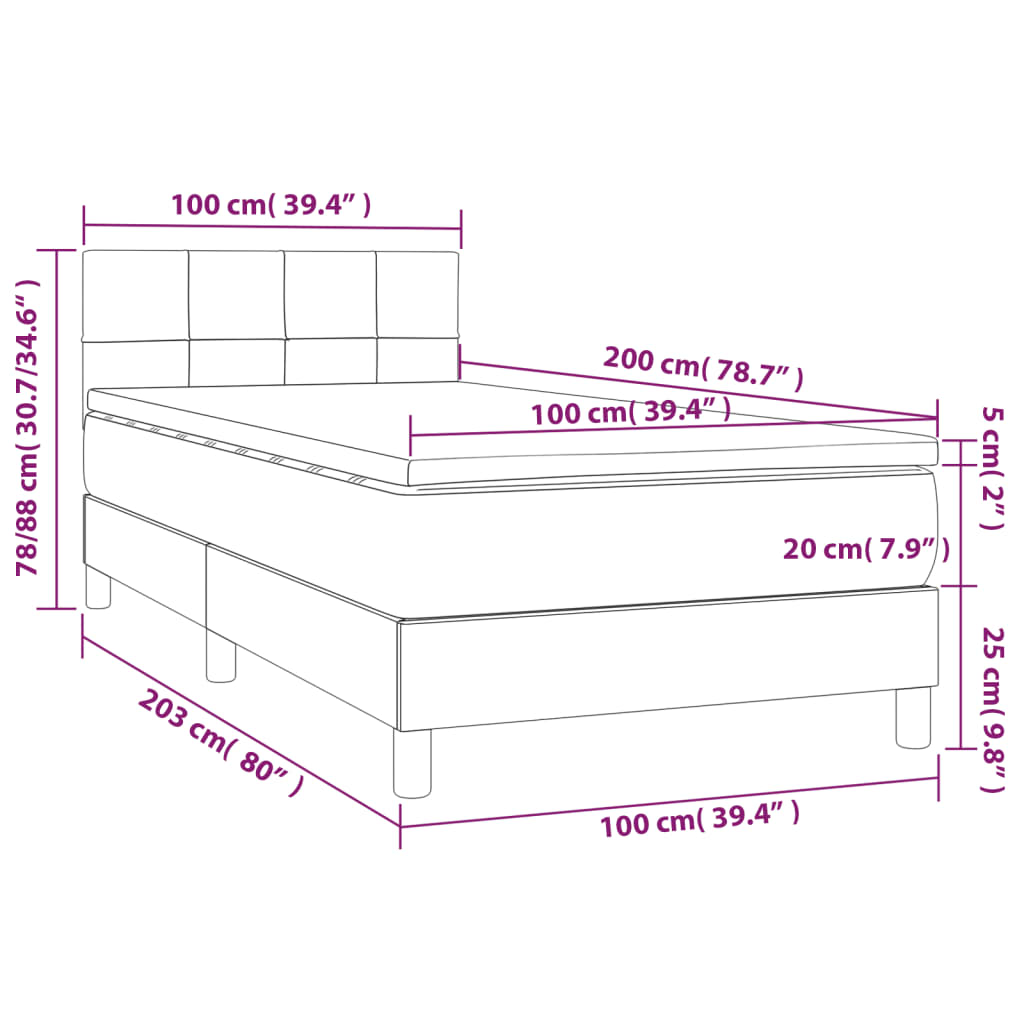 Lit sommier tapissier avec matelas tissu gris foncé 100x200 cm