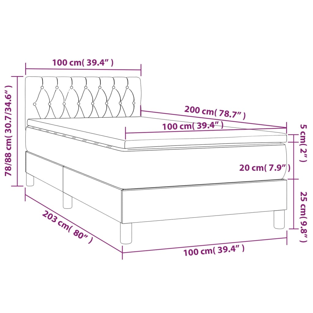Lit sommier tapissier avec matelas tissu gris foncé 100x200 cm