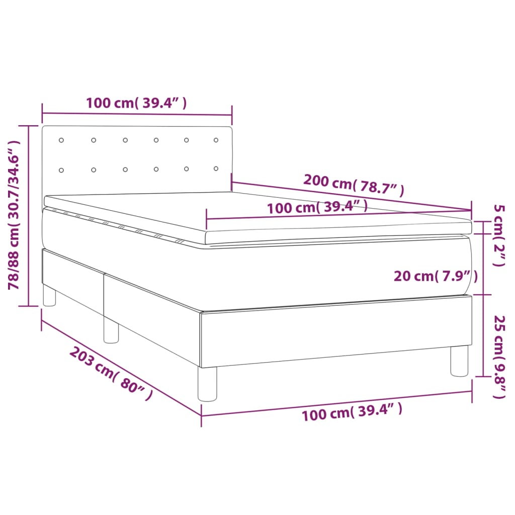 Lit sommier tapissier avec matelas tissu gris foncé 100x200 cm