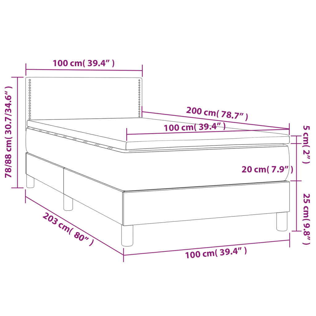 Lit sommier tapissier avec matelas tissu gris foncé 100x200 cm