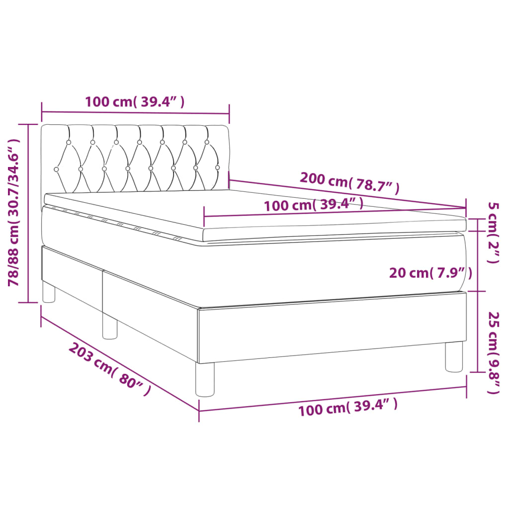 Lit sommier tapissier avec matelas tissu gris foncé 100x200 cm