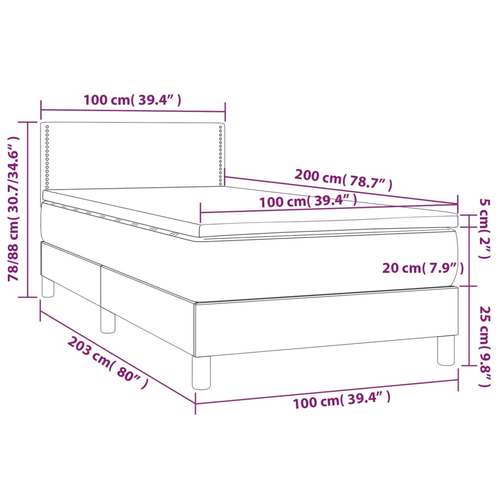 Sommier tapissier avec matelas gris foncé 100x200 cm velours