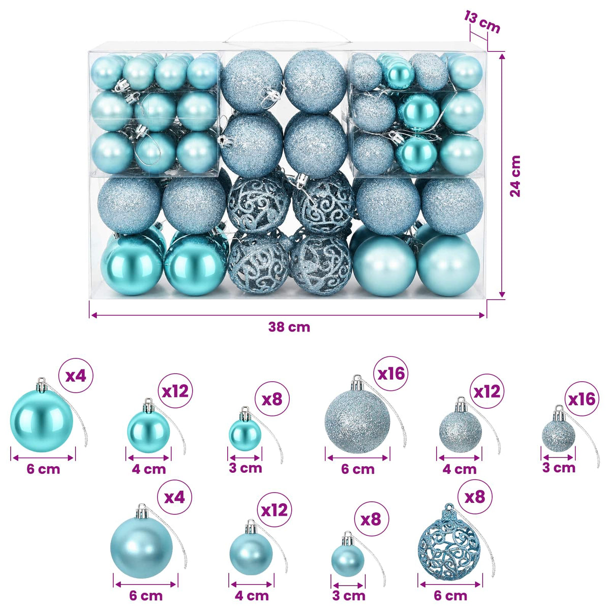 Weihnachtskugeln 100 Stk. Türkis 3 / 4 / 6 cm