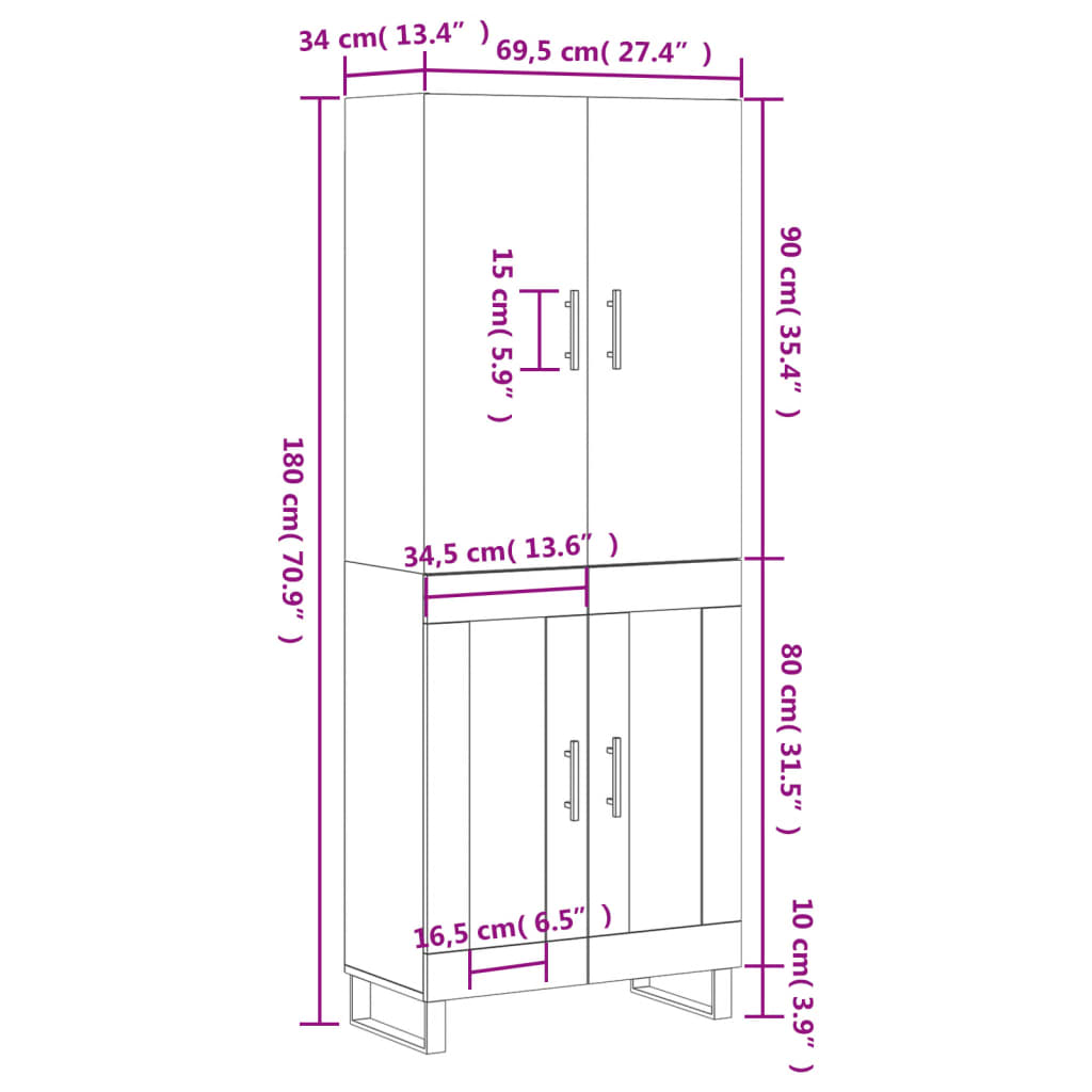 Highboard Weiß 69,5x34x180 cm Holzwerkstoff