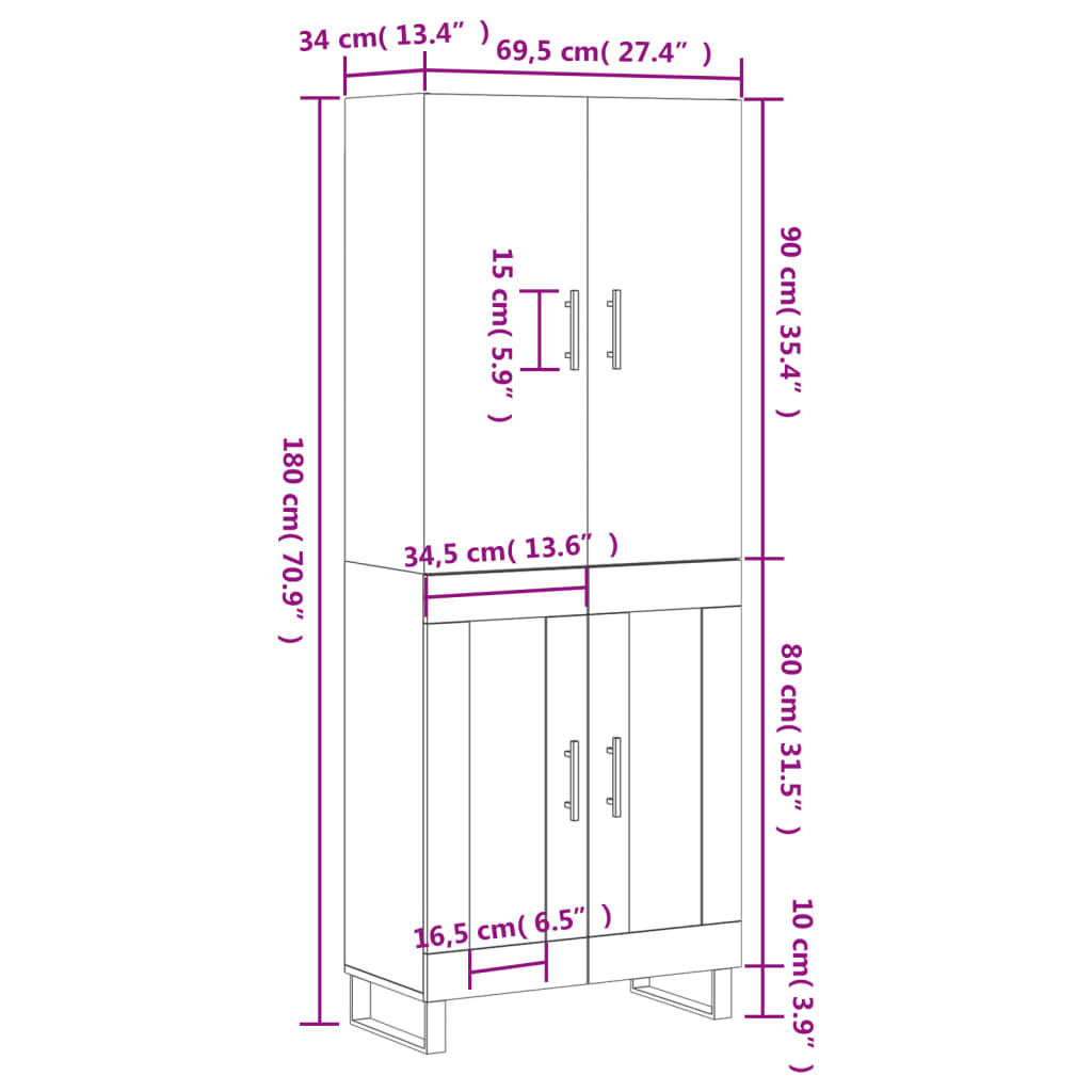 Highboard Räuchereiche 69,5x34x180 cm Holzwerkstoff