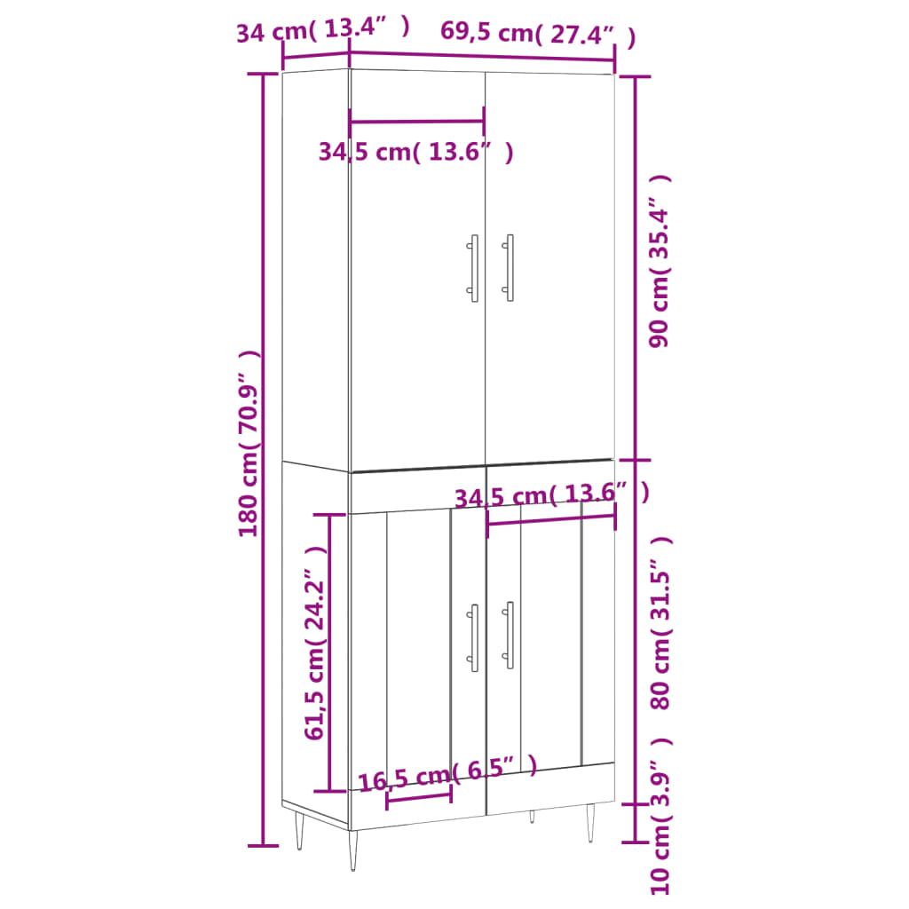 Highboard Betongrau 69,5x34x180 cm Holzwerkstoff