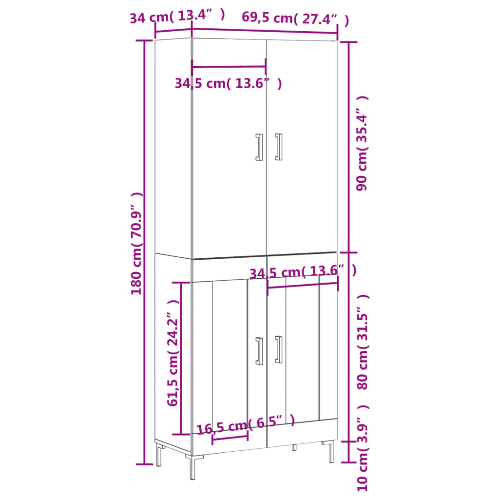 Highboard Weiß 69,5x34x180 cm Holzwerkstoff