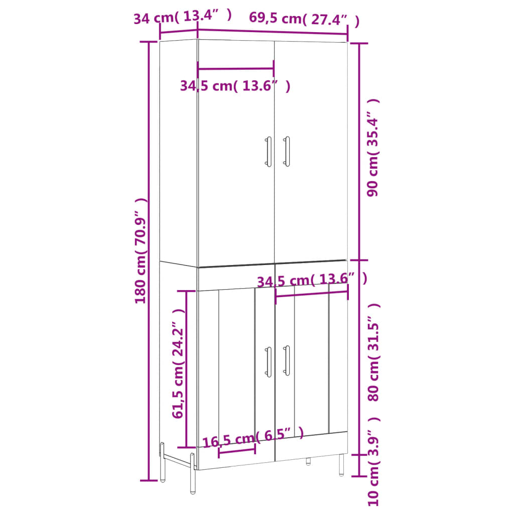 Highboard Weiß 69,5x34x180 cm Holzwerkstoff