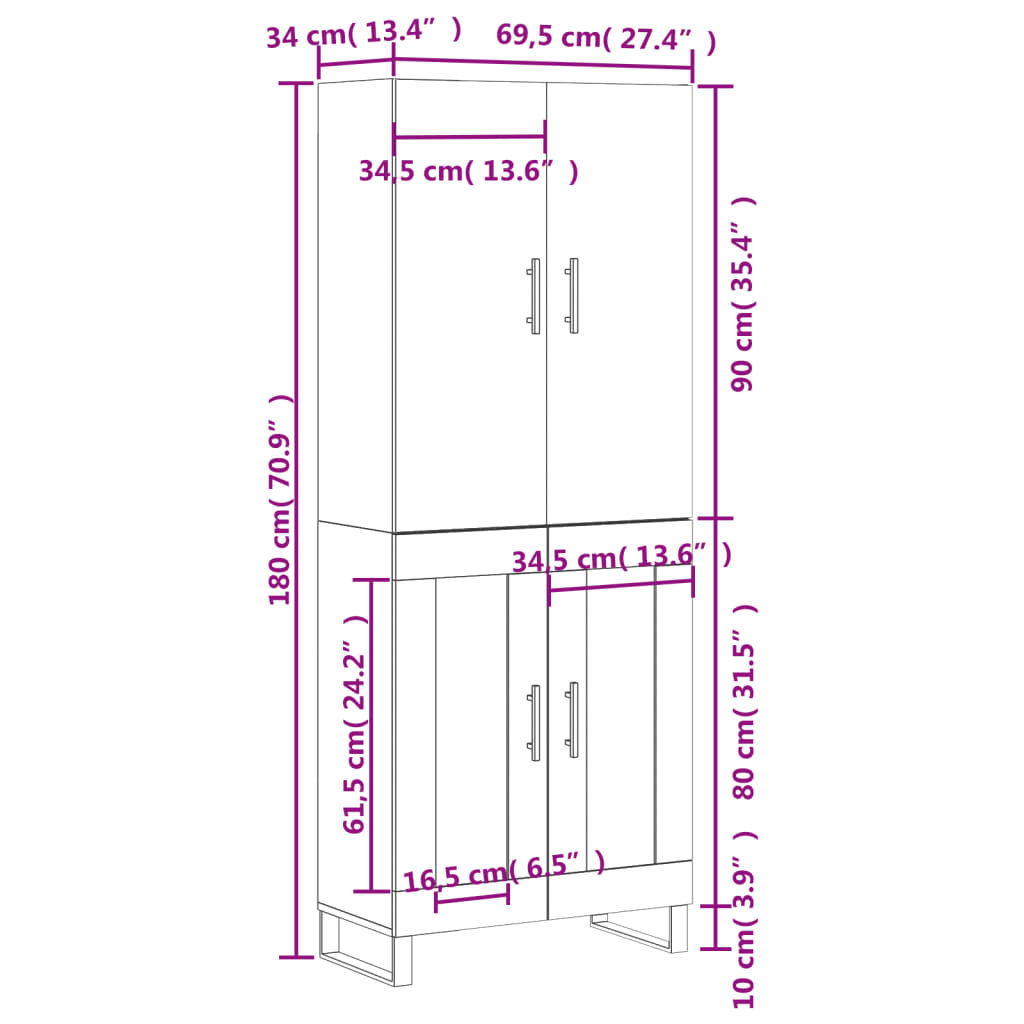 Highboard Weiß 69,5x34x180 cm Holzwerkstoff