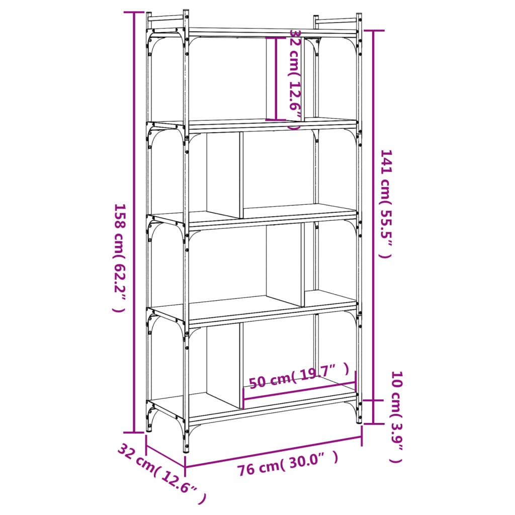 Bookcase 5 Shelves Brown Oak Look 76x32x158cm Wood Material