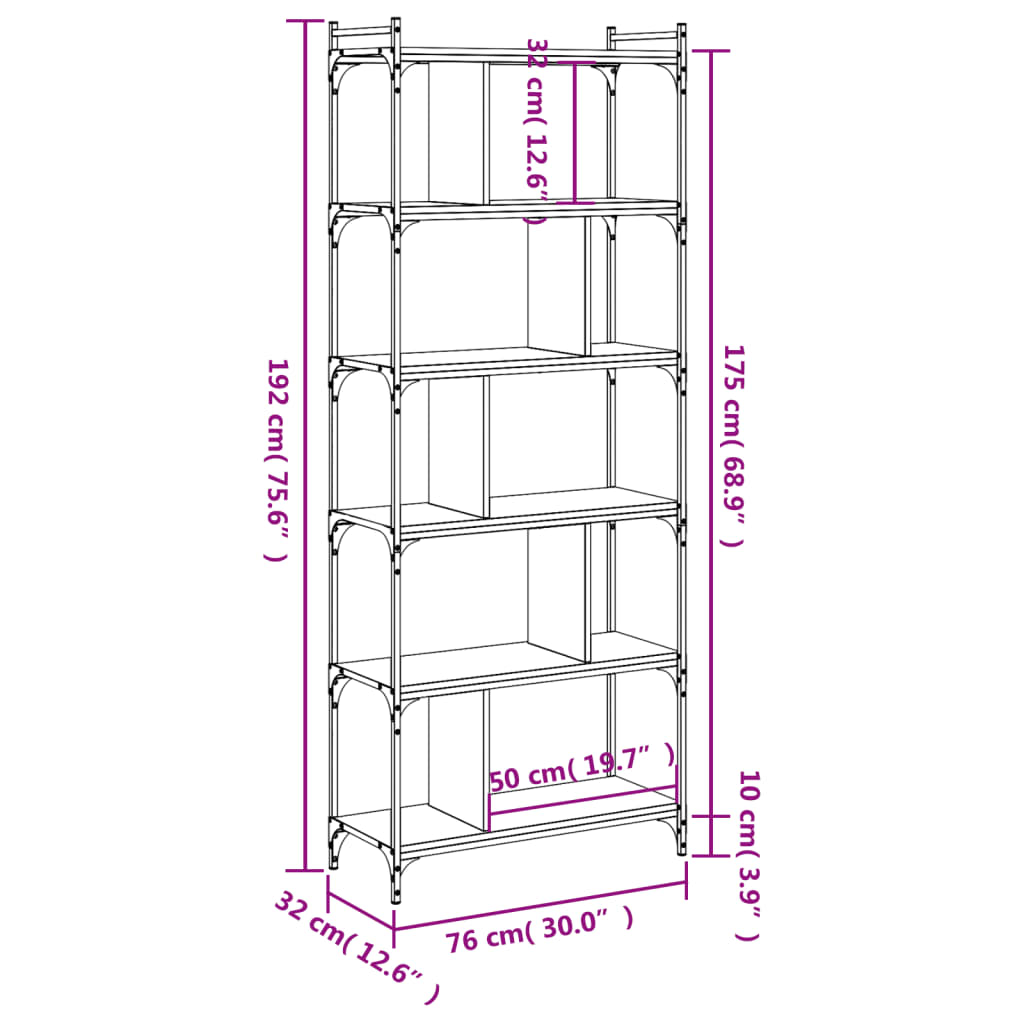 Bookcase 6 Shelves Grey Sonoma 76x32x192 cm Wood Material