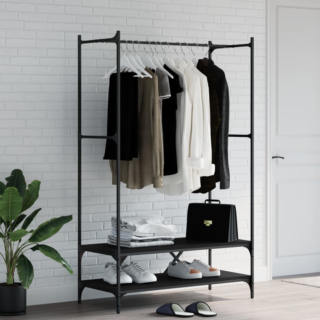 Clothes rack with shelves black wood material