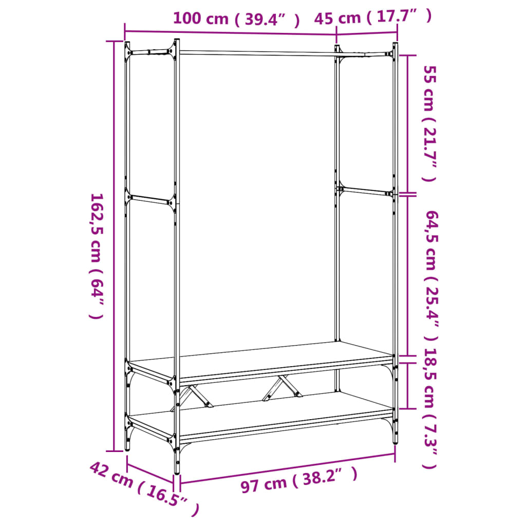 Clothes rack with shelves brown oak look wood material