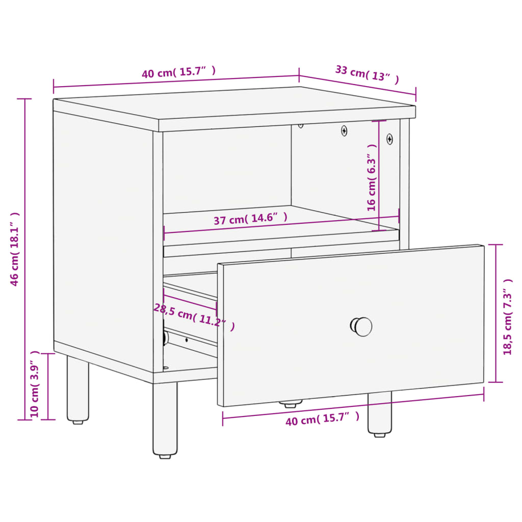 Tables de chevet 2 pcs. Noir 40x33x46 cm en bois de manguier massif
