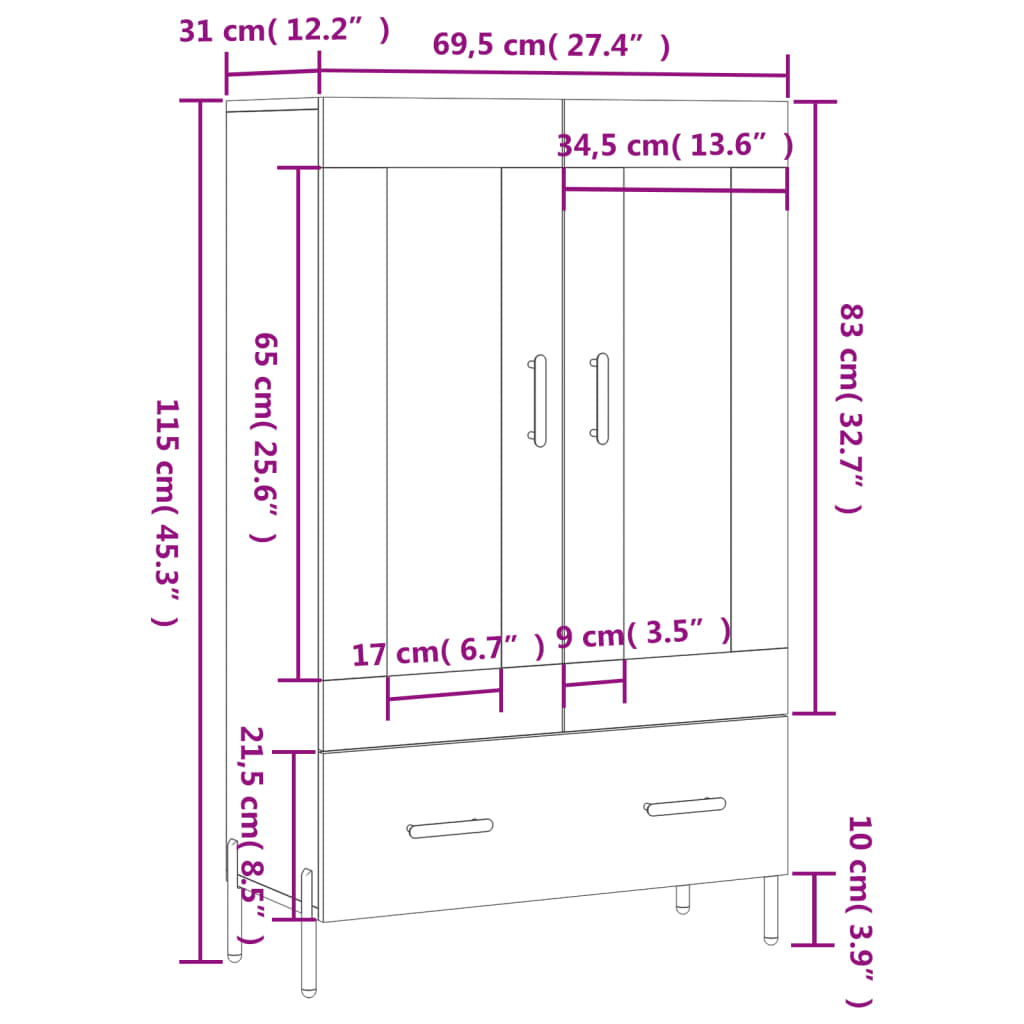Highboard Betongrau 69,5x31x115 cm Holzwerkstoff
