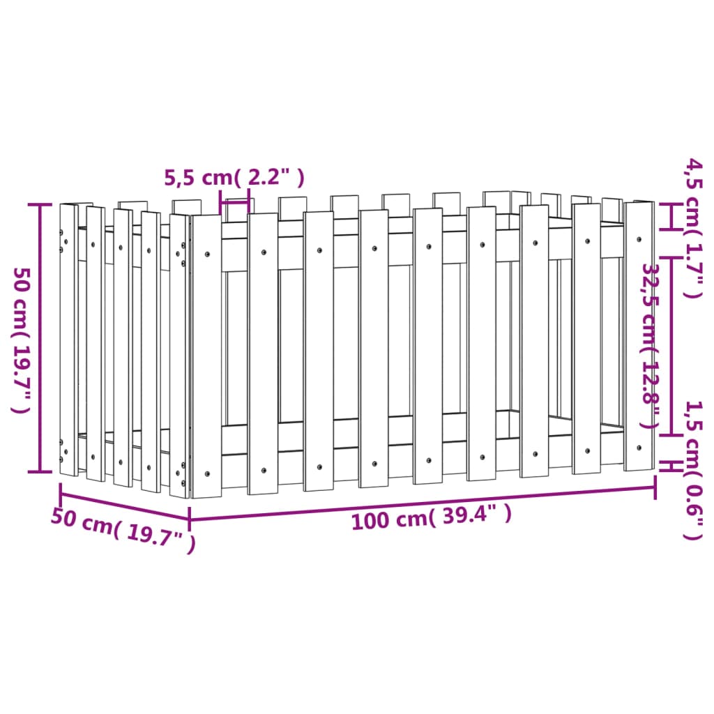 Raised bed picket fence design 100x50x50 cm solid pine wood