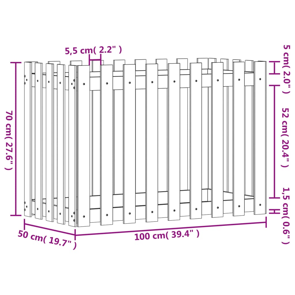 Raised bed picket fence design 100x50x70 cm solid pine wood
