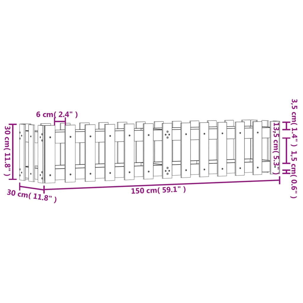 Raised bed picket fence design 150x30x30 cm solid pine wood