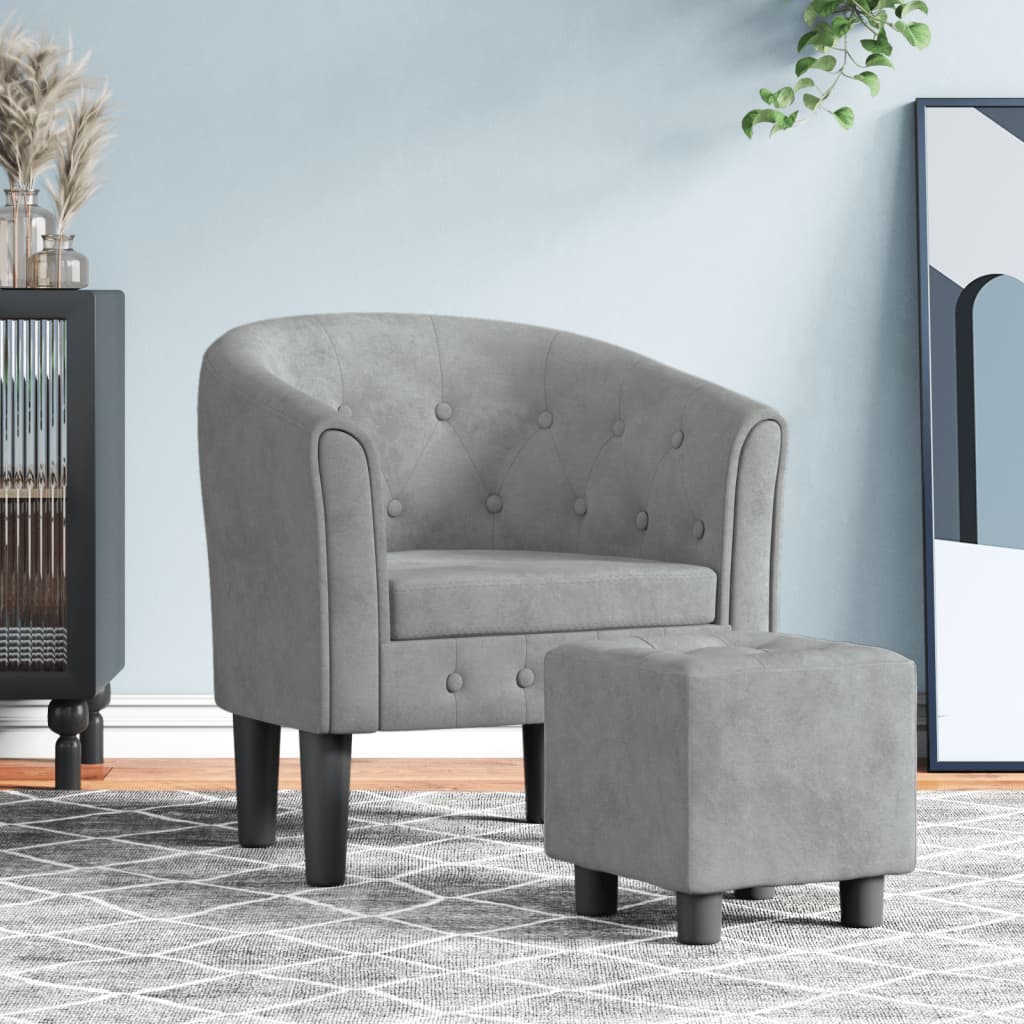 Fauteuil club avec repose-pieds en velours gris clair