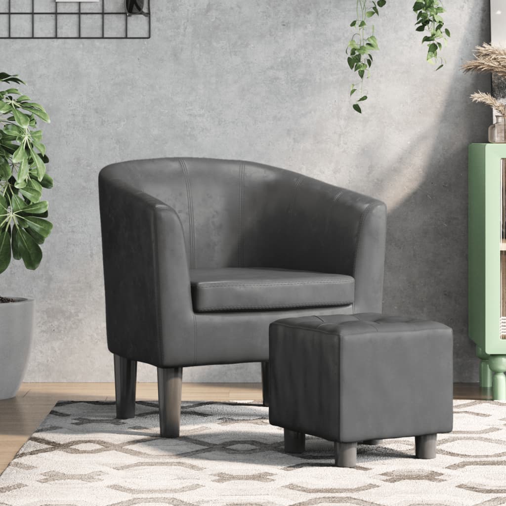 Fauteuil club avec repose-pieds en similicuir gris