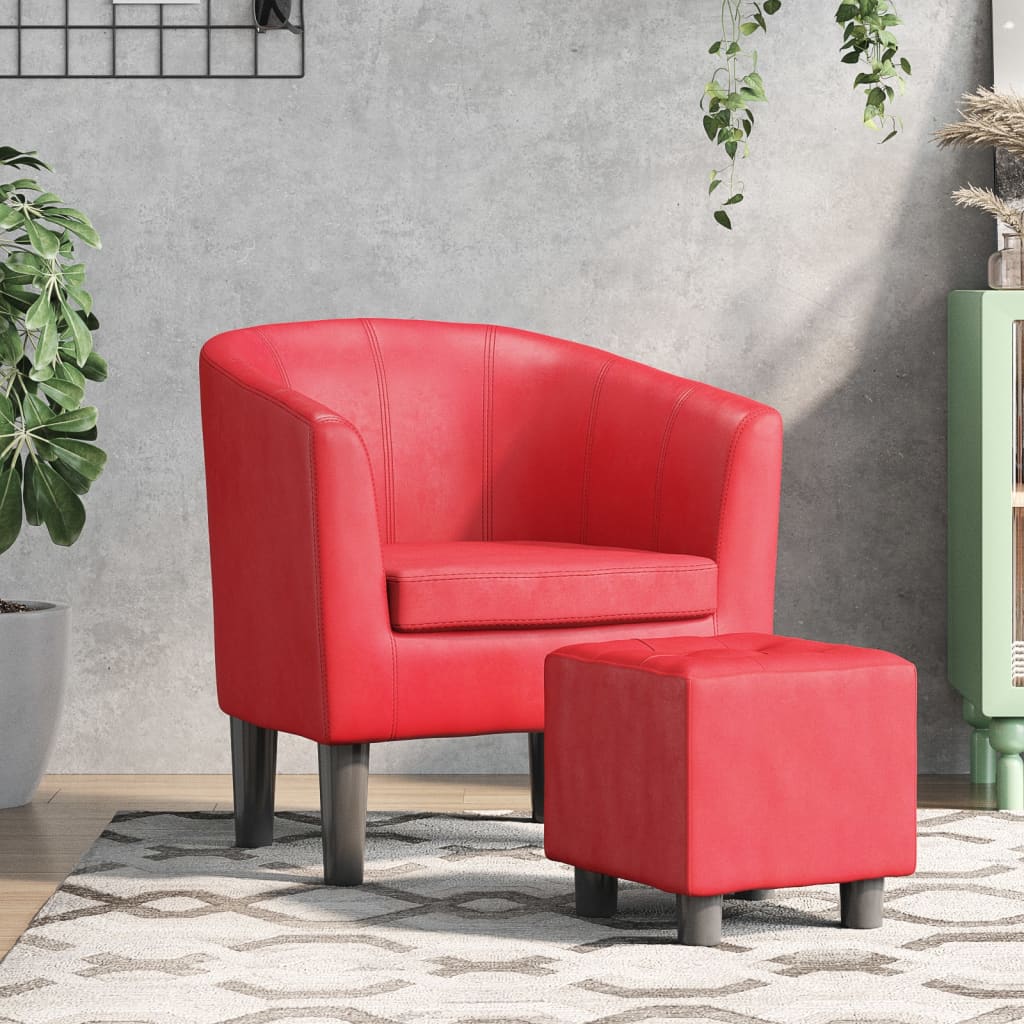 Fauteuil club avec repose-pieds en simili cuir rouge