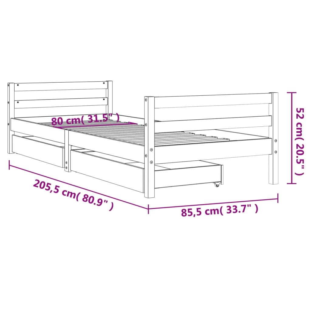 Children's bed with drawers white 80x200 cm solid pine wood
