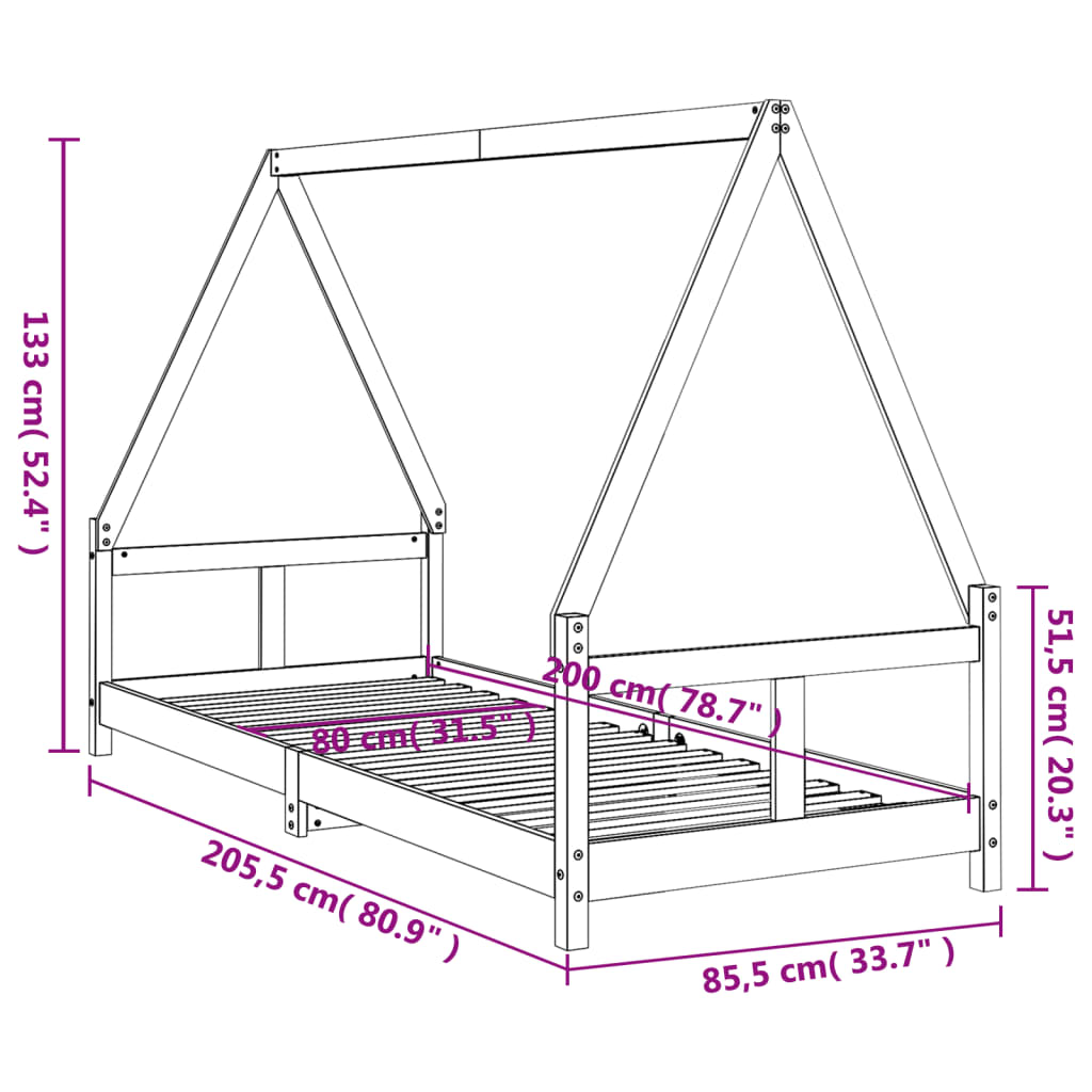 Children's bed black 80x200 cm solid pine wood