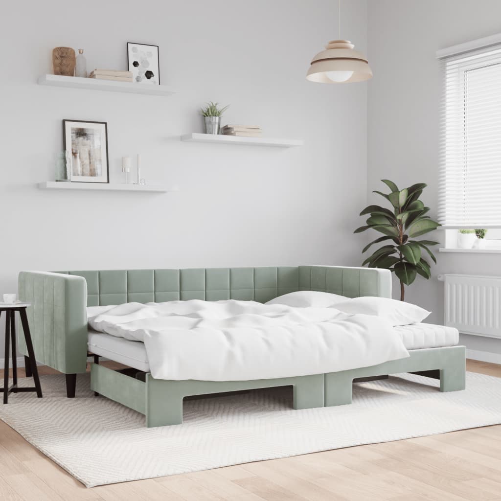 Daybed extendable with mattress light grey 90x190 cm velvet