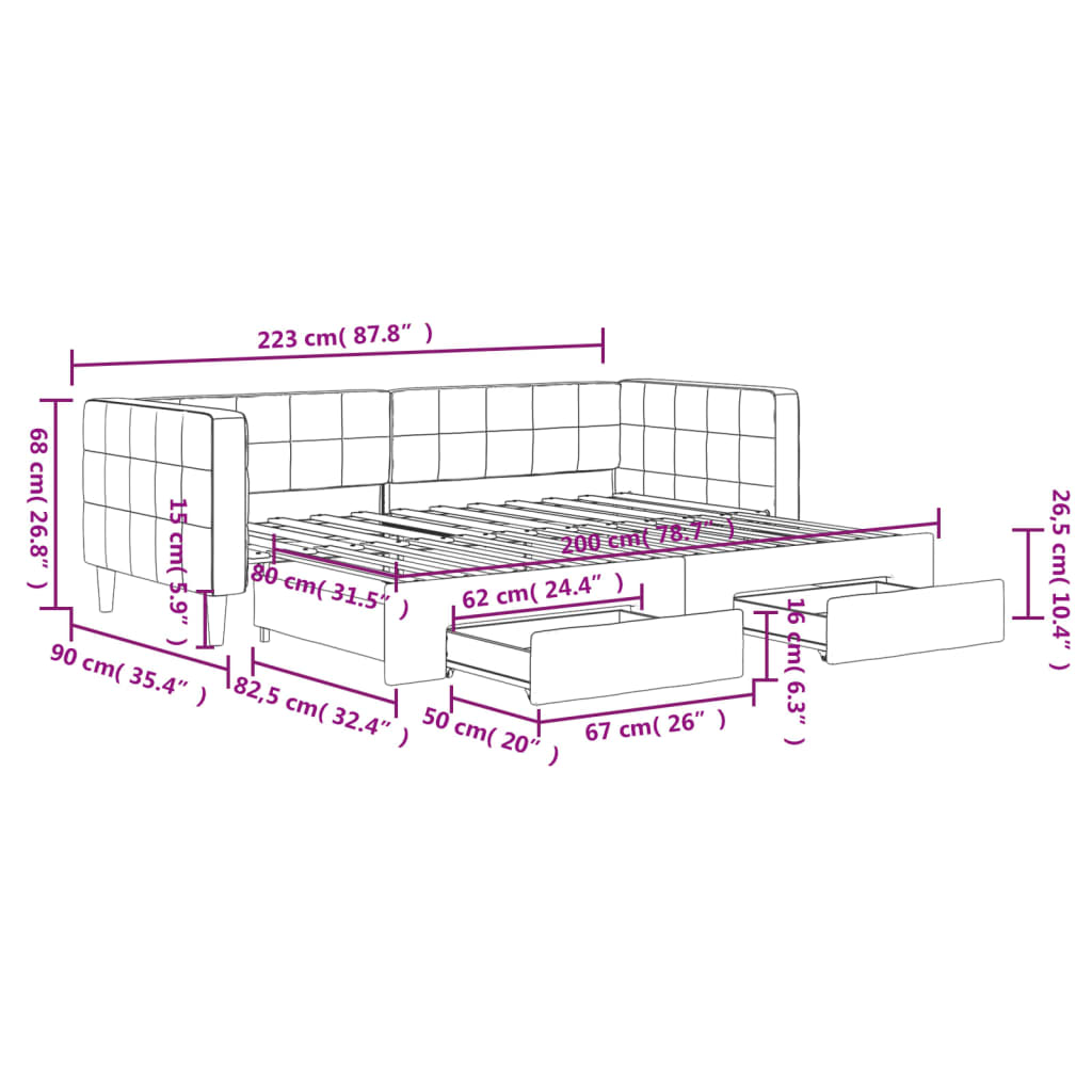 Tagesbett Ausziehbar mit Schubladen Dunkelgrau 80x200 cm Samt