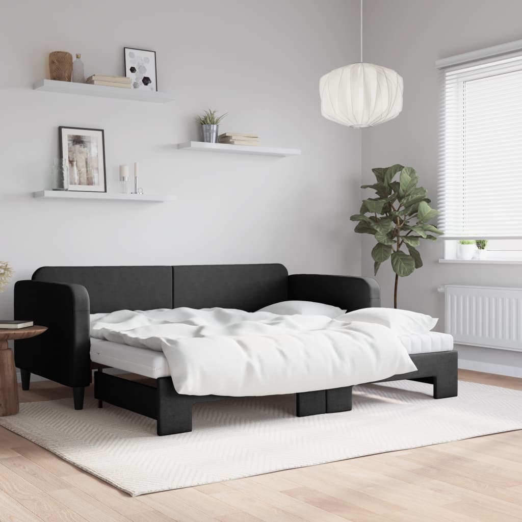 Daybed extendable with mattresses black 90x190 cm fabric