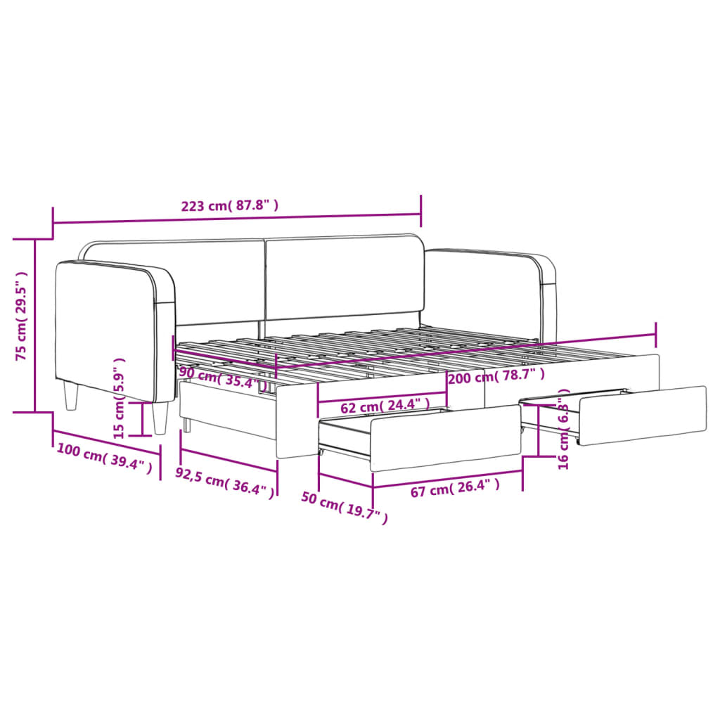 Tagesbett Ausziehbar mit Schubladen Hellgrau 90x200 cm Stoff