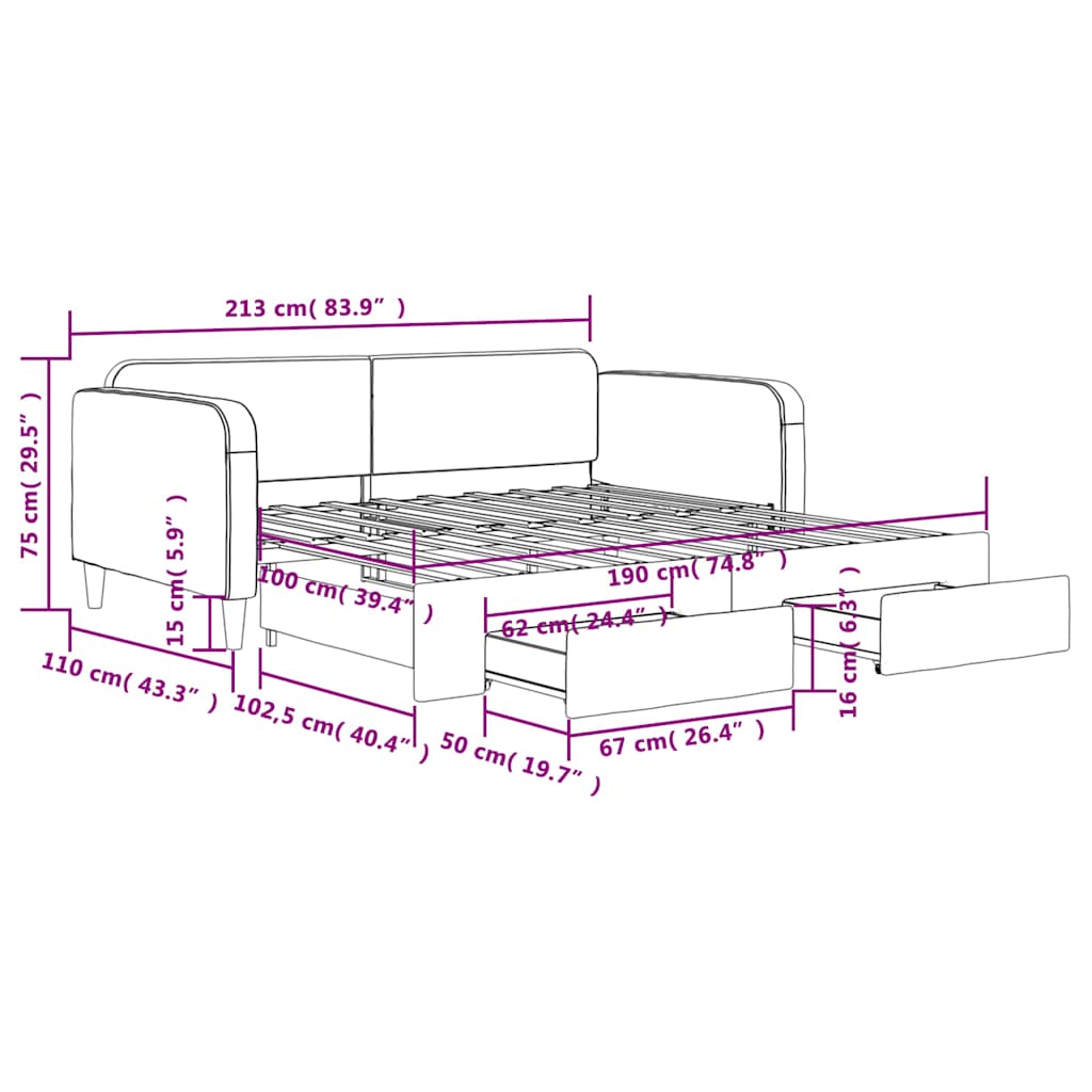 Tagesbett Ausziehbar mit Schubladen Hellgrau 100x190 cm Stoff