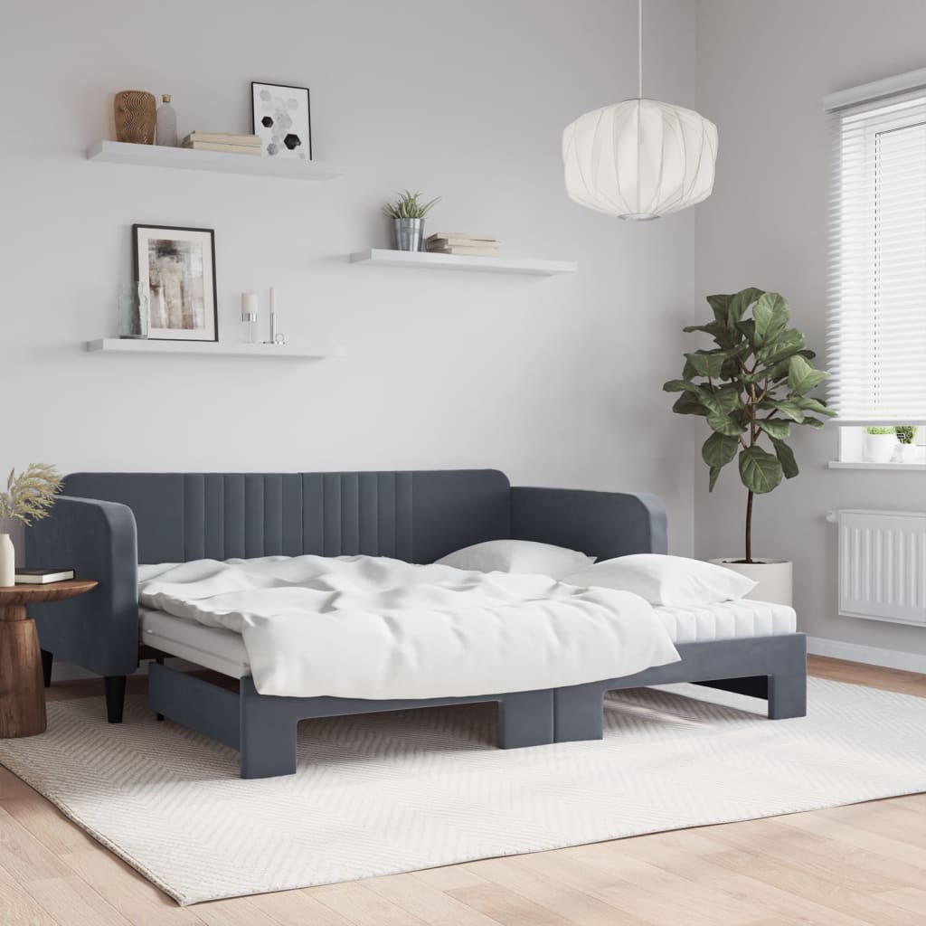 Daybed extendable with mattress dark grey 90x190 cm velvet