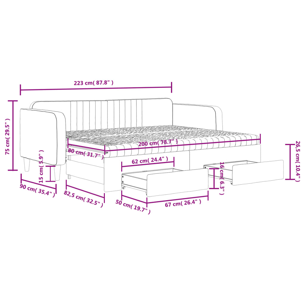 Tagesbett Ausziehbar mit Schubladen Schwarz 80x200 cm Samt