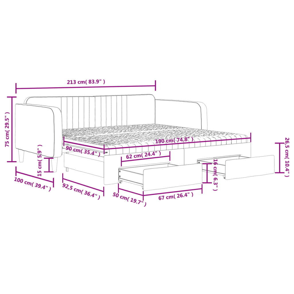Tagesbett Ausziehbar mit Schubladen Hellgrau 90x190 cm Samt