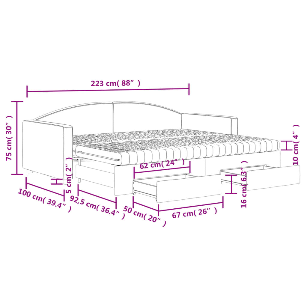 Tagesbett Ausziehbar mit Schubladen Schwarz 90x200 cm Stoff
