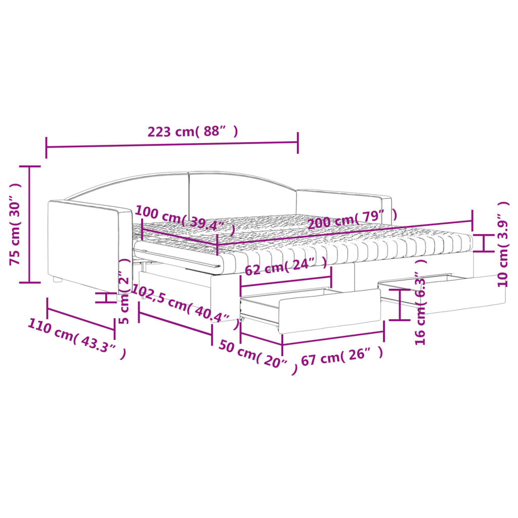Tagesbett Ausziehbar mit Schubladen Taupe 100x200 cm Stoff
