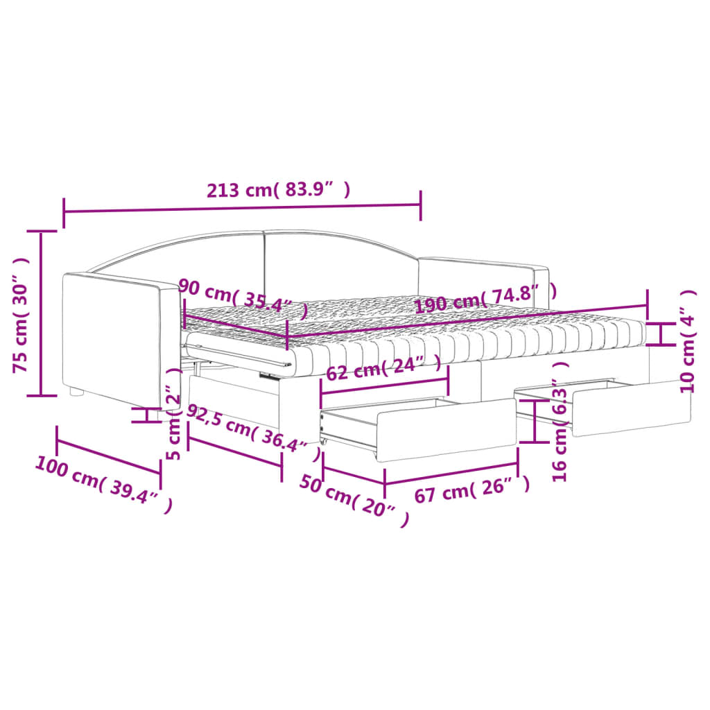 Tagesbett Ausziehbar mit Schubladen Schwarz 90x190 cm Stoff