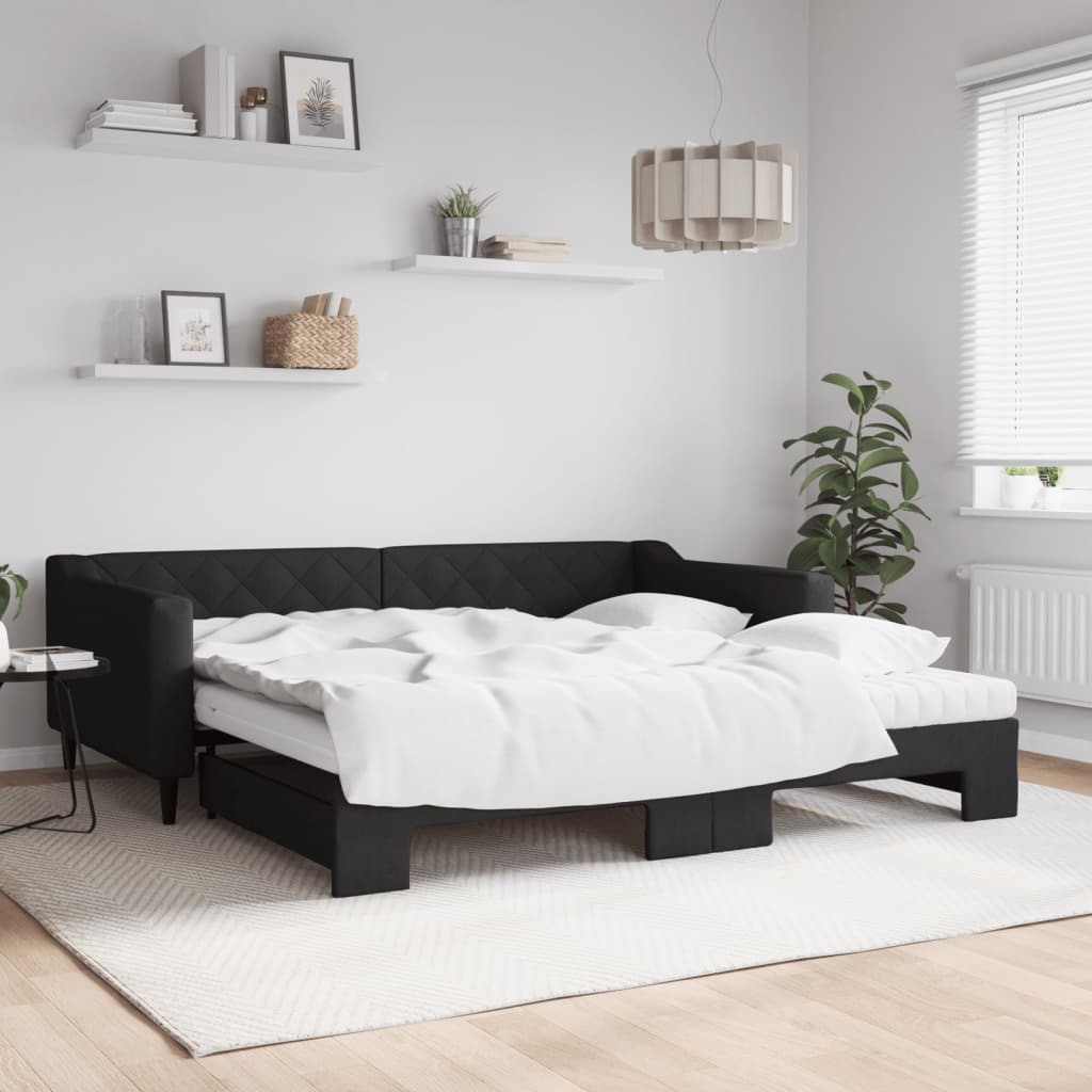 Tagesbett Ausziehbar mit Matratzen Schwarz 100x200 cm Stoff