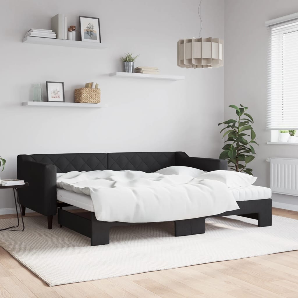 Daybed extendable with mattresses black 90x190 cm fabric