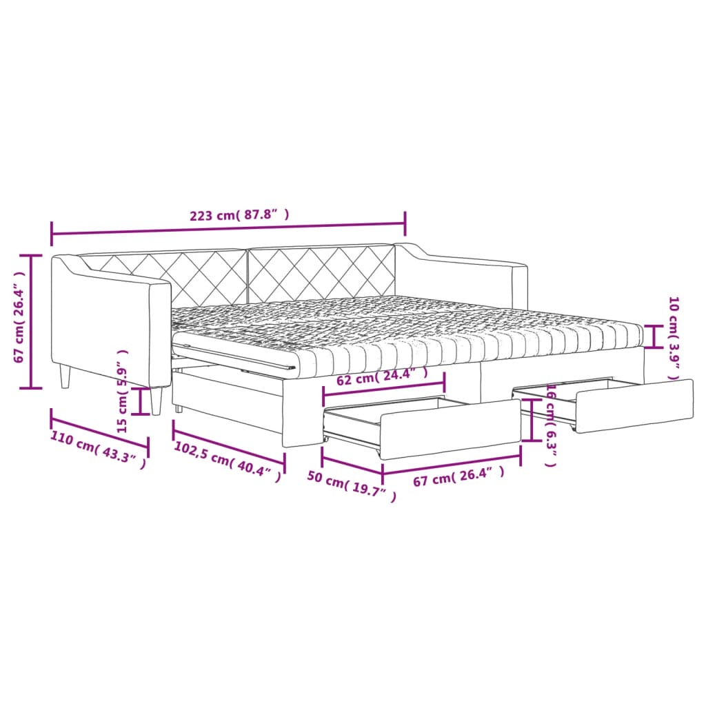 Tagesbett Ausziehbar mit Schubladen Taupe 100x200 cm Stoff