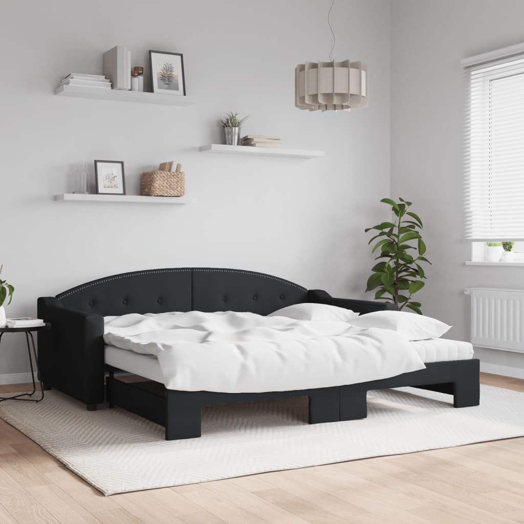 Tagesbett Ausziehbar mit Matratzen Schwarz 90x190 cm Stoff