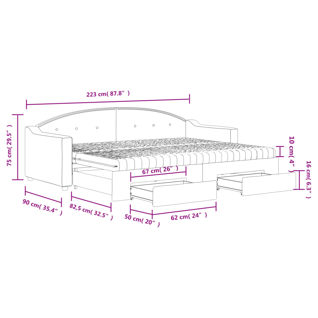 Tagesbett Ausziehbar mit Schubladen Schwarz 80x200 cm Stoff