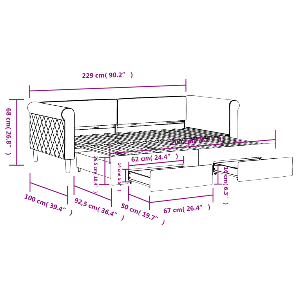 Tagesbett Ausziehbar mit Schubladen Hellgrau 90x200 cm Samt